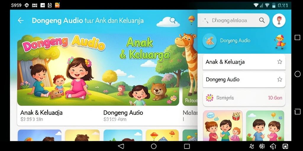 Antarmuka S9S9 yang menarik dan ramah anak untuk mendengarkan dongeng audio.